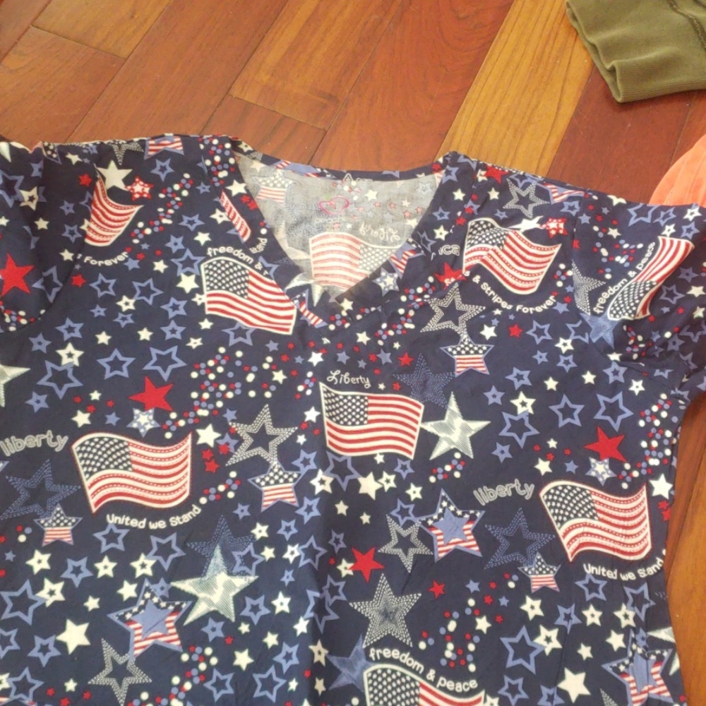 Red, white and blue scrub top